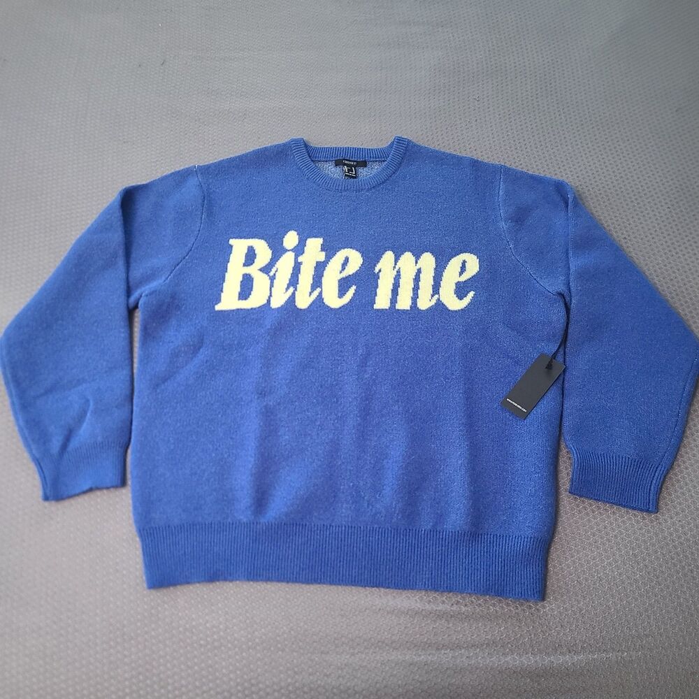 NWT Forever 21 "Bite Me"  Shark Knit Sweater Size Medium Blue And Light Yellow